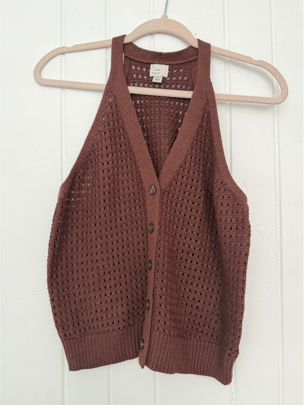 a new day Women's Brown Open Knit Button-Up Sleeveless Cardigan Vest, Size Small